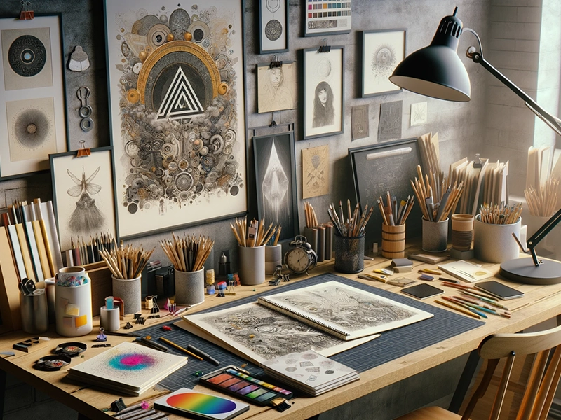 Graphic designer's table with elements of visual identity design